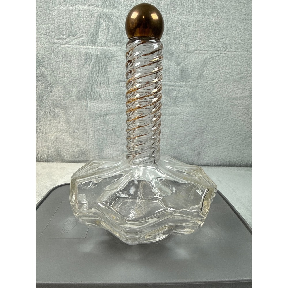 Vintage Spiral Ribbed Glass Bottle Gold Ball Stopper Scalloped Base‎ 6"